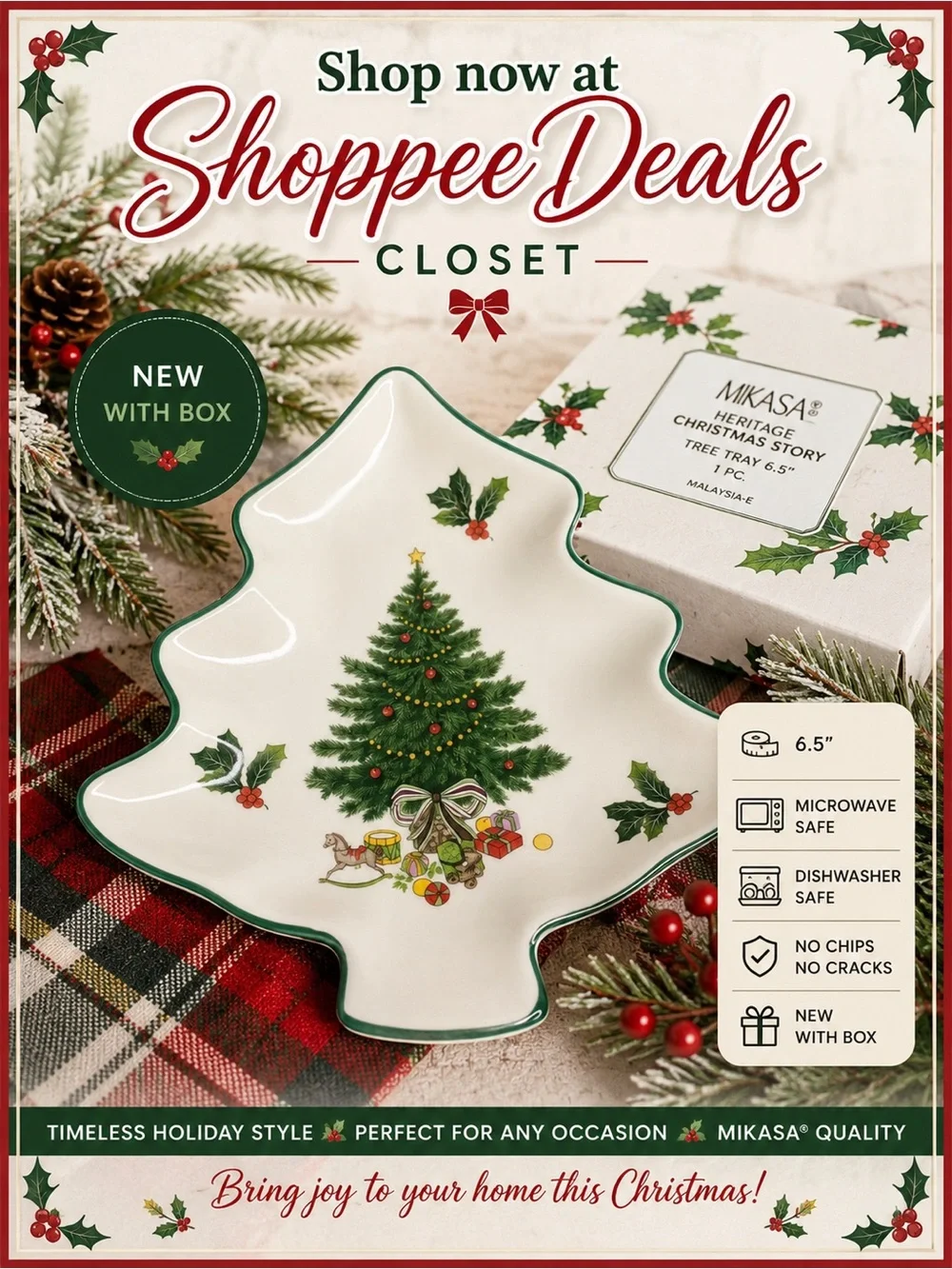 NWT Mikasa Heritage Christmas Story 6.5” Christmas Tree Tray Dish w/ Box